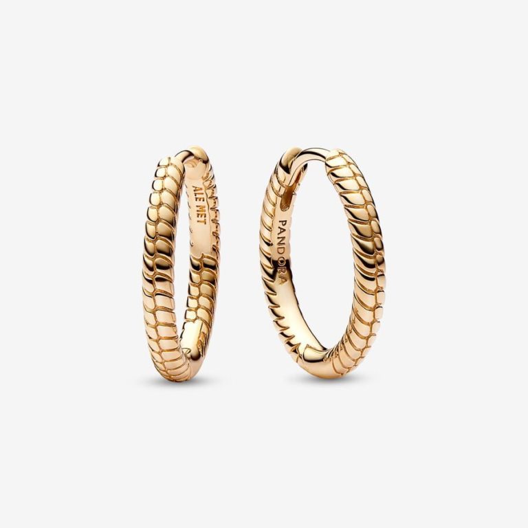 Pair of gold hoop earrings with a textured, scaled design on a white background.