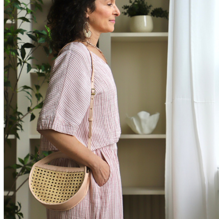 Pokoloko Round Leather Bag with Cane Accent - Cream - Image 2