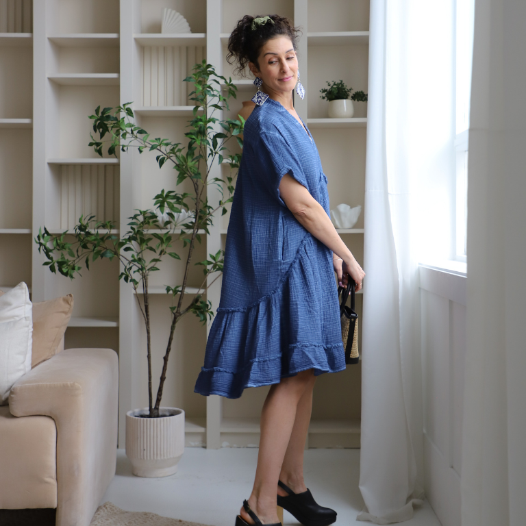 Pokoloko Crinkle Ruffled V Dress - Denim - Image 3