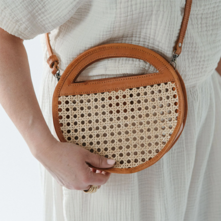 Pokoloko Round Leather Bag with Cane Accent - Caramel