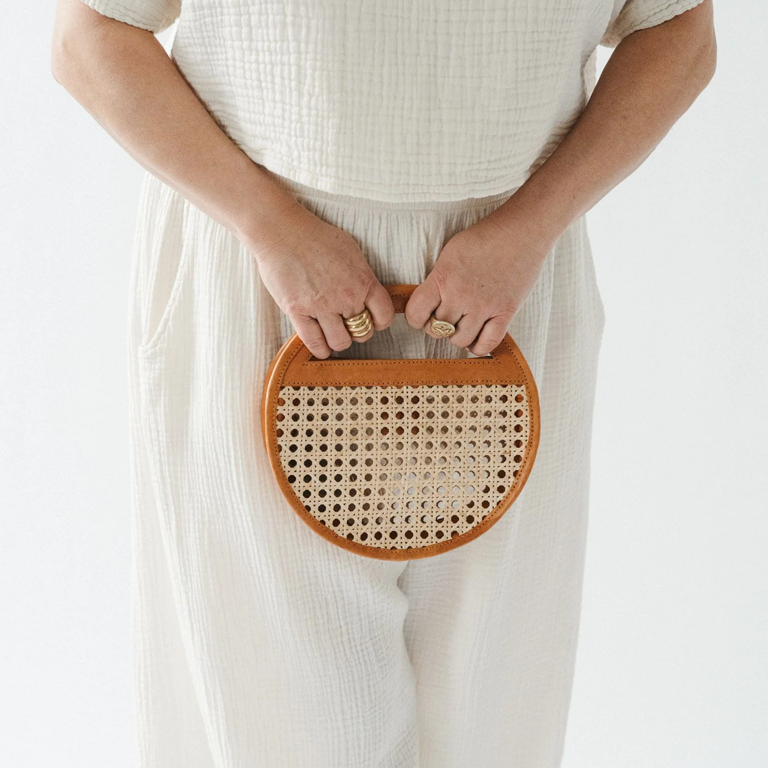 Pokoloko Round Leather Bag with Cane Accent - Caramel - Image 2