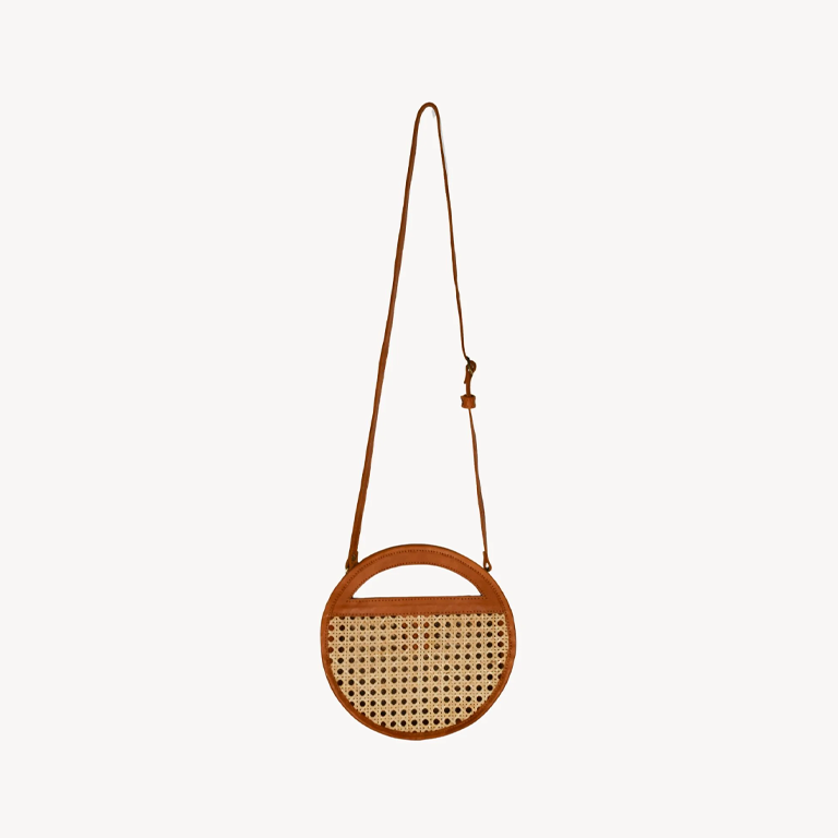 Pokoloko Round Leather Bag with Cane Accent - Caramel - Image 3